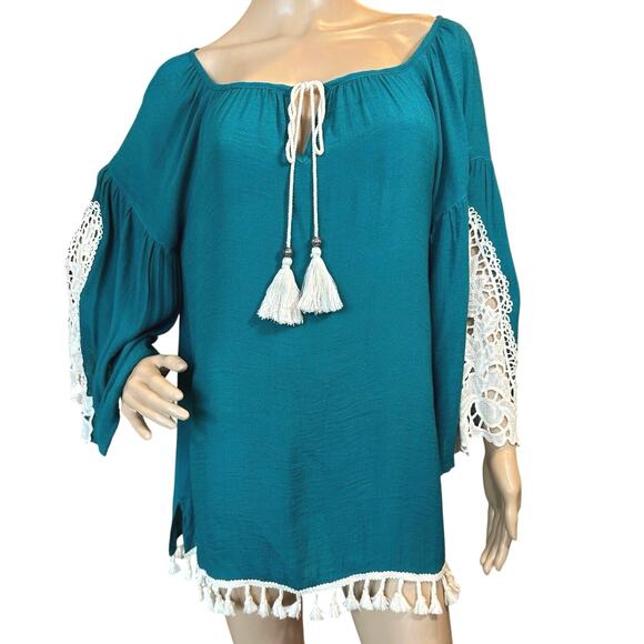 Ali Miles NWOT XL Tunic Top Blue Green BOHO Bell Sleeve Tassel Lace Relaxed Fit - Picture 1 of 16